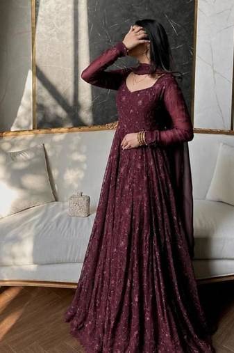 Maroon georgette embroidered flared gown set