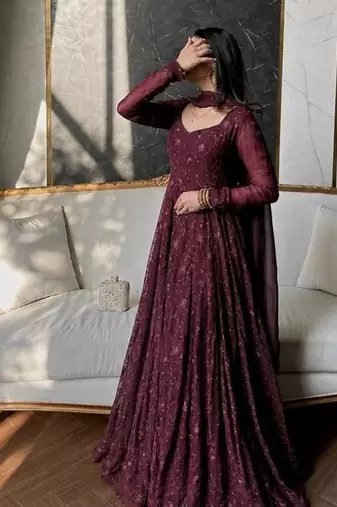 Maroon georgette embroidered flared gown set