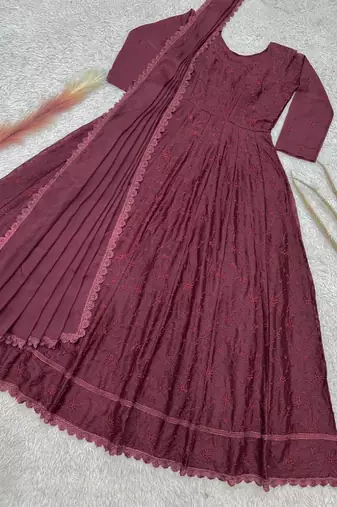 Maroon georgette embroidered flared gown set