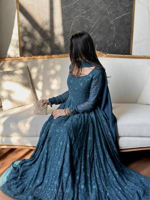 Teal georgette embroidered flared gown set 2