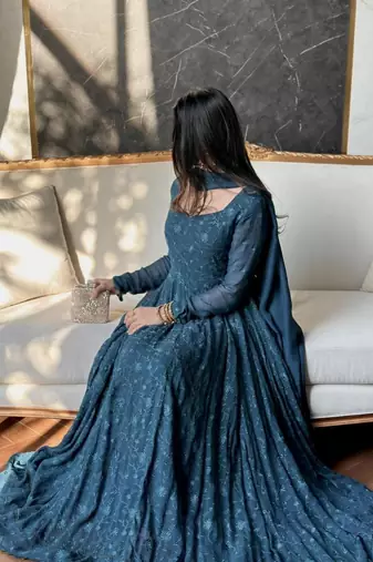 Teal georgette embroidered flared gown set