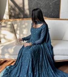 Teal georgette embroidered flared gown set
