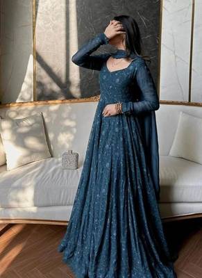 Teal georgette embroidered flared gown set 1