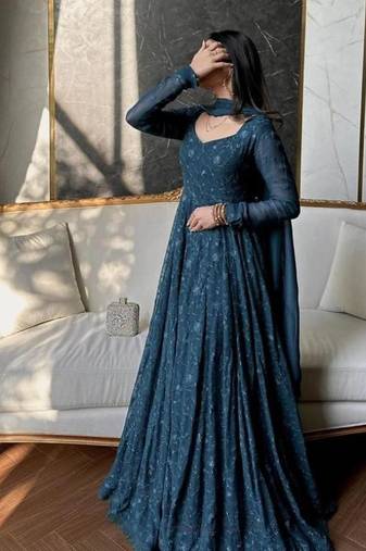 Teal georgette embroidered flared gown set