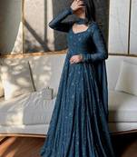 Teal georgette embroidered flared gown set