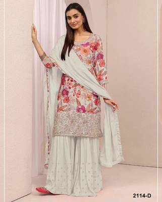 White silk blend embroidered sharara set 1