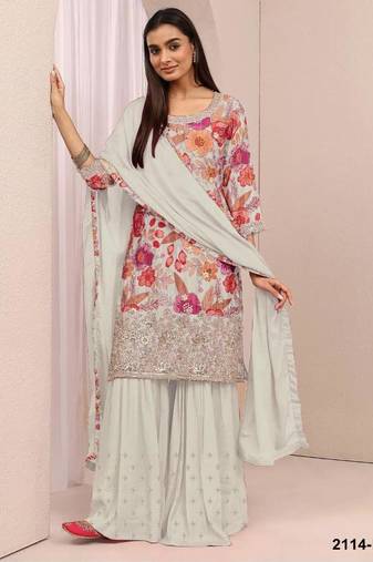 White silk blend embroidered sharara set