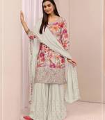White silk blend embroidered sharara set