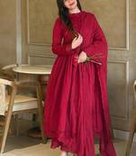 Red silk blend embroidered flared gown set