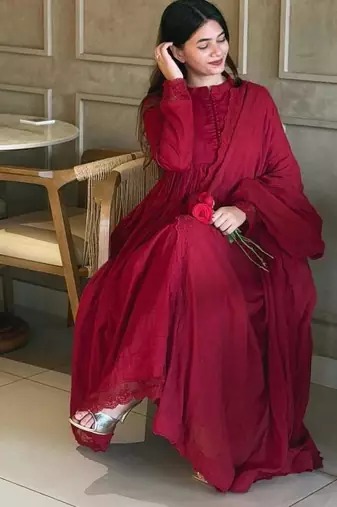 Red silk blend embroidered flared gown set