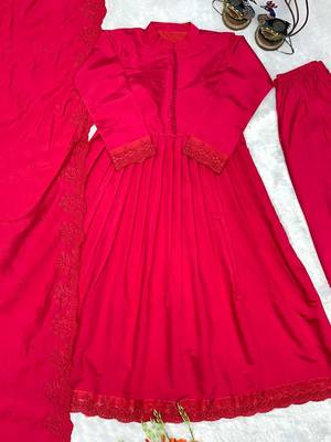 Red silk blend embroidered flared gown set 3
