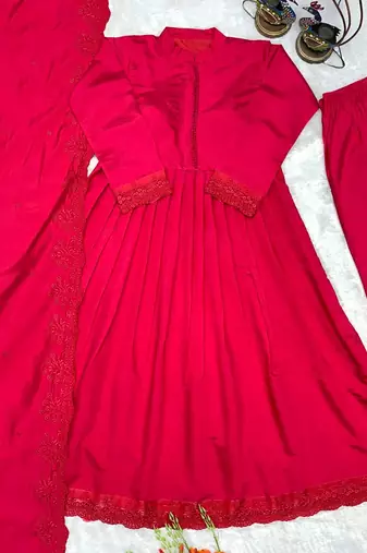 Red silk blend embroidered flared gown set