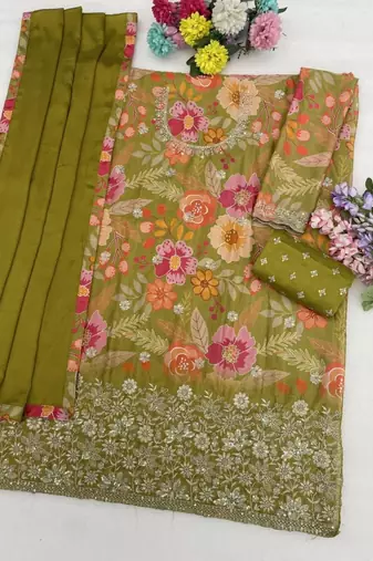 Olive silk blend embroidered sharara set