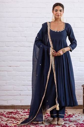 Navy blue silk blend beads anarkali set