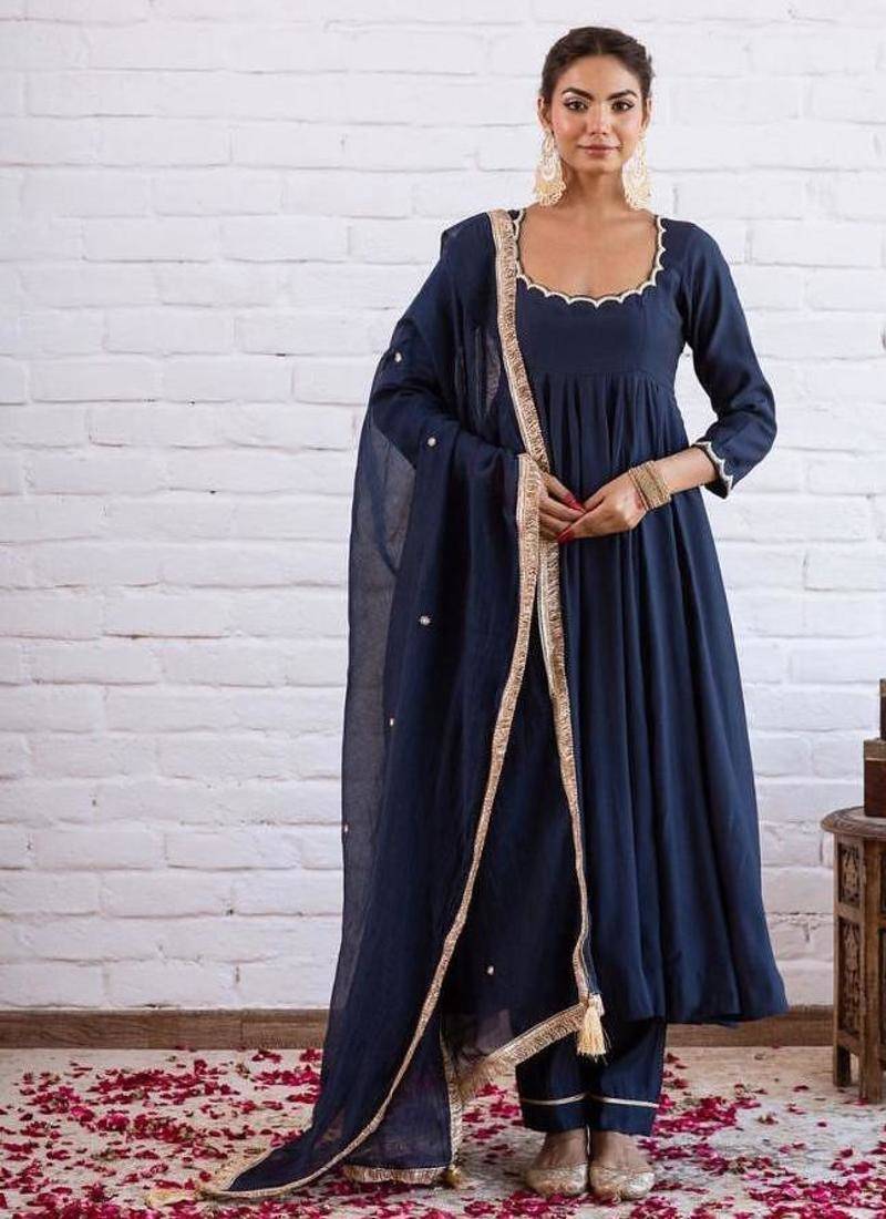 Navy blue silk blend beads anarkali set