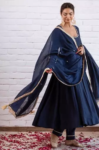 Navy blue silk blend beads anarkali set