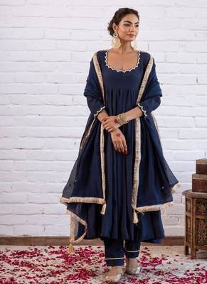 Navy blue silk blend beads anarkali set 3