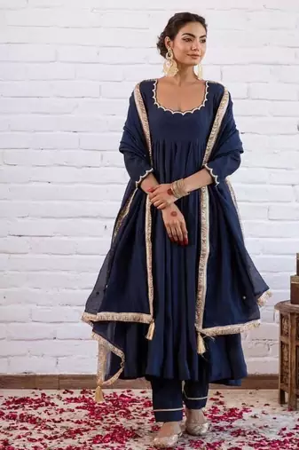 Navy blue silk blend beads anarkali set