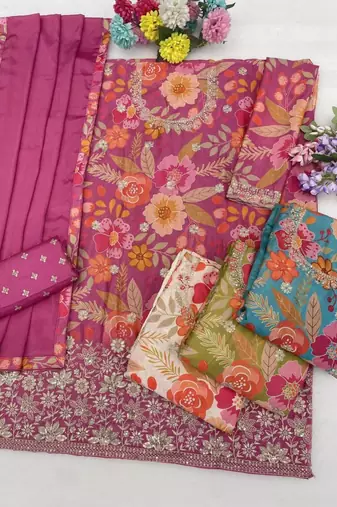Magenta silk blend embroidered sharara set