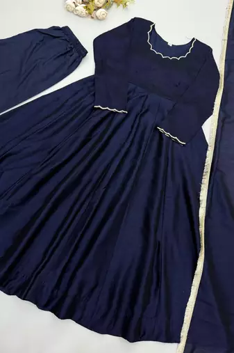 Navy blue silk blend beads anarkali set