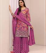 Magenta silk blend embroidered sharara set
