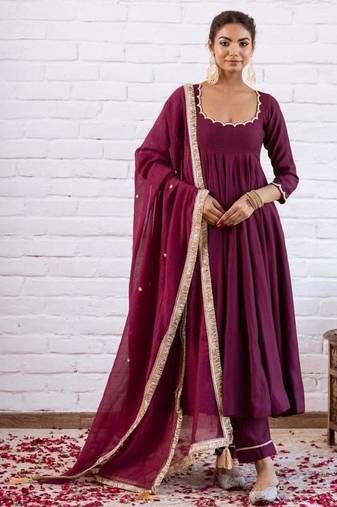 Plum silk blend beads anarkali set