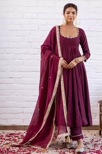 Plum silk blend beads anarkali set