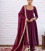 Plum silk blend beads anarkali set