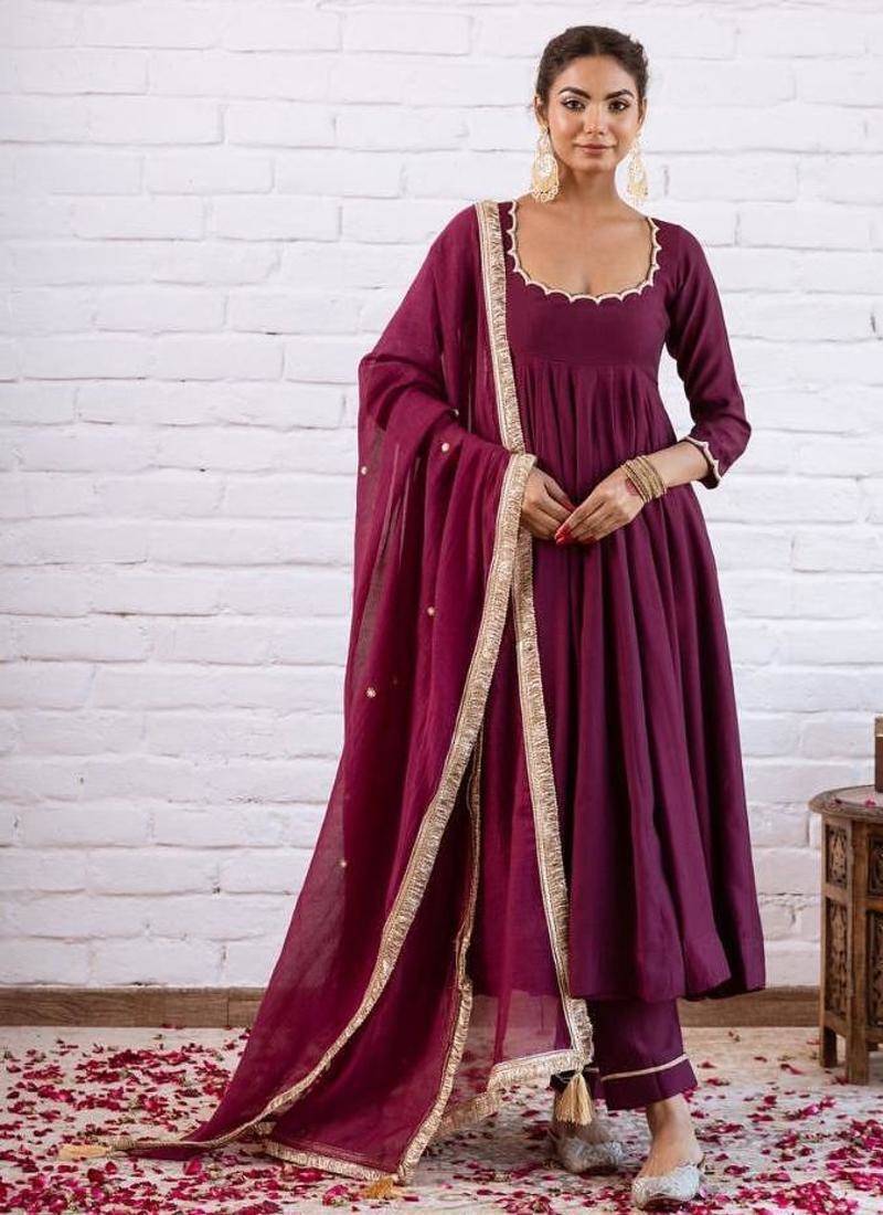 Plum silk blend beads anarkali set