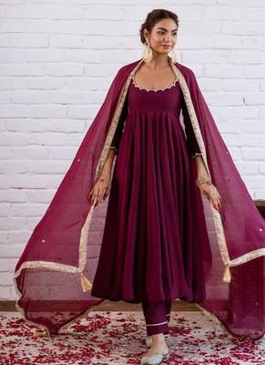 Plum silk blend beads anarkali set 2