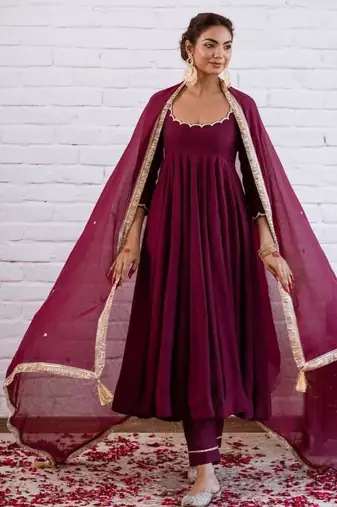 Plum silk blend beads anarkali set