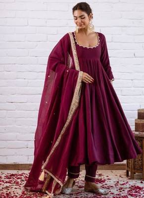 Plum silk blend beads anarkali set 3