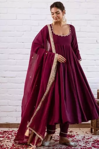 Plum silk blend beads anarkali set