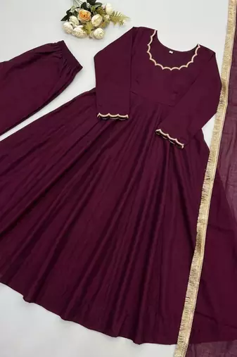 Plum silk blend beads anarkali set