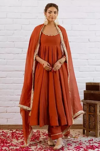 Orange silk blend beads anarkali set