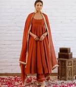 Orange silk blend beads anarkali set