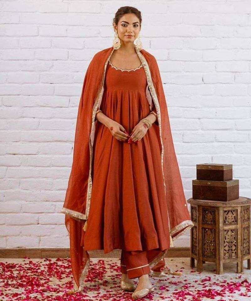 Orange silk blend beads anarkali set
