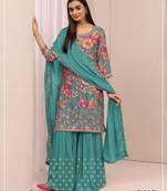 Turquoise silk blend embroidered sharara set
