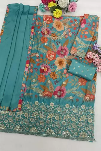 Turquoise silk blend embroidered sharara set