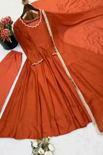 Orange silk blend beads anarkali set
