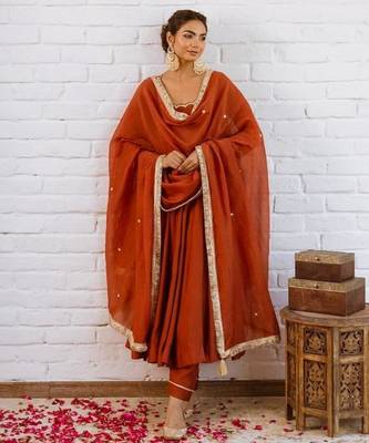 Orange silk blend beads anarkali set 3