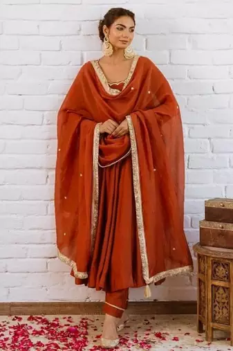 Orange silk blend beads anarkali set