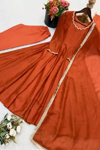 Orange silk blend beads anarkali set