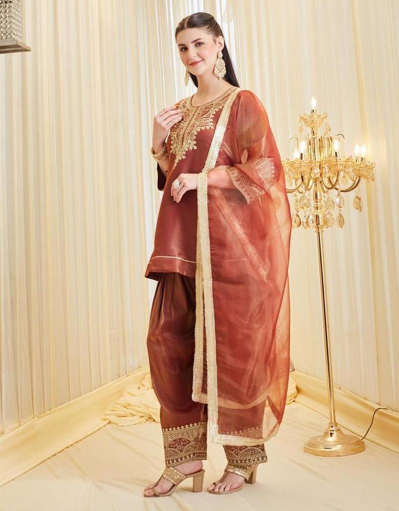 Champagne silk blend embroidered farshi salwar set