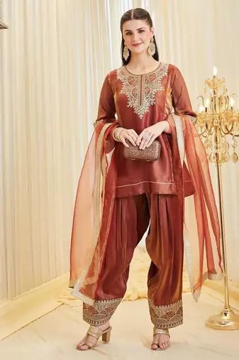 Champagne silk blend embroidered farshi salwar set
