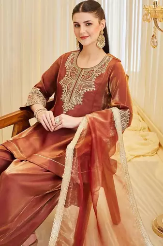 Champagne silk blend embroidered farshi salwar set