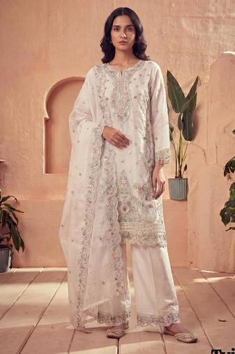 Cream silk blend embroidered palazzo set