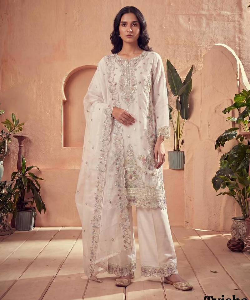 Cream silk blend embroidered palazzo set