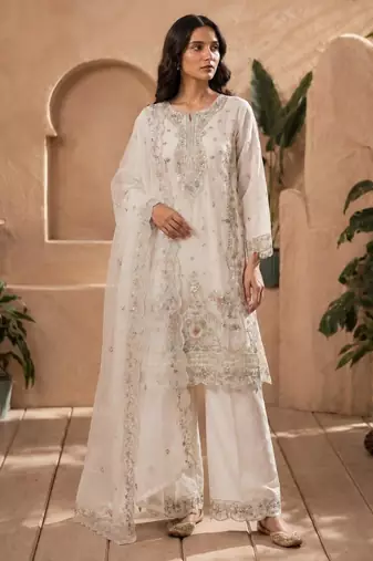 Cream silk blend embroidered palazzo set