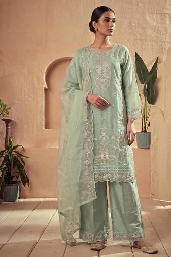 Green silk blend embroidered palazzo set